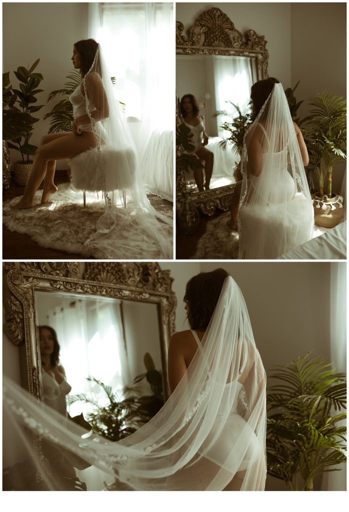 woman in boudoir studio wearing bridal veil 
